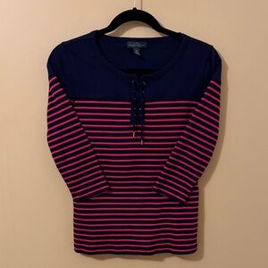 Lauren Ralph Lauren Jeans Co Navy and Hot Pink Striped Lace-Up Top Size S Petite